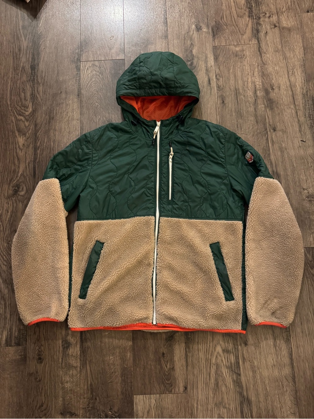 Marine Layer Green and Tan Hooded Puffer Sherpa Jacket with Orange Lining
